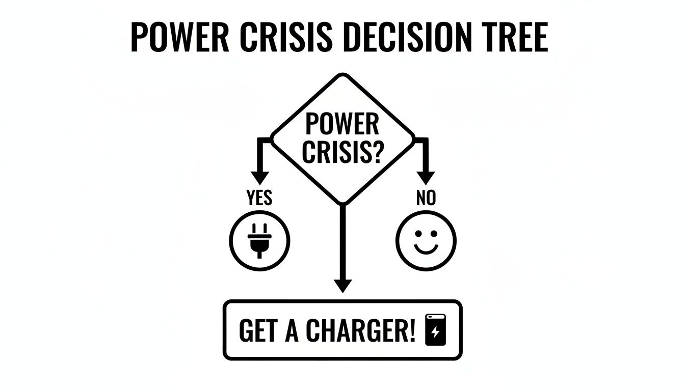 A humorous power crisis decision tree flowchart, where both 'yes' and 'no' lead to 'get a charger'.