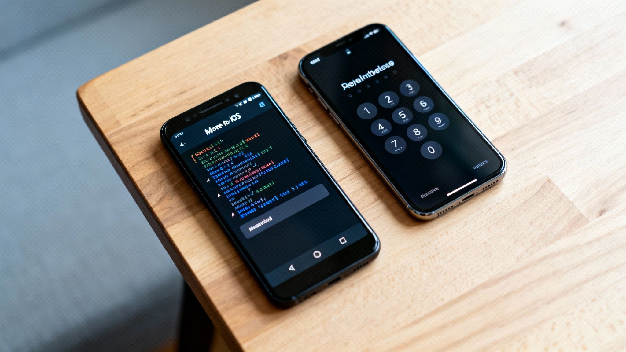 Two smartphones on a wooden table, an Android phone running 'Move to iOS' app and an iPhone showing a passcode screen.