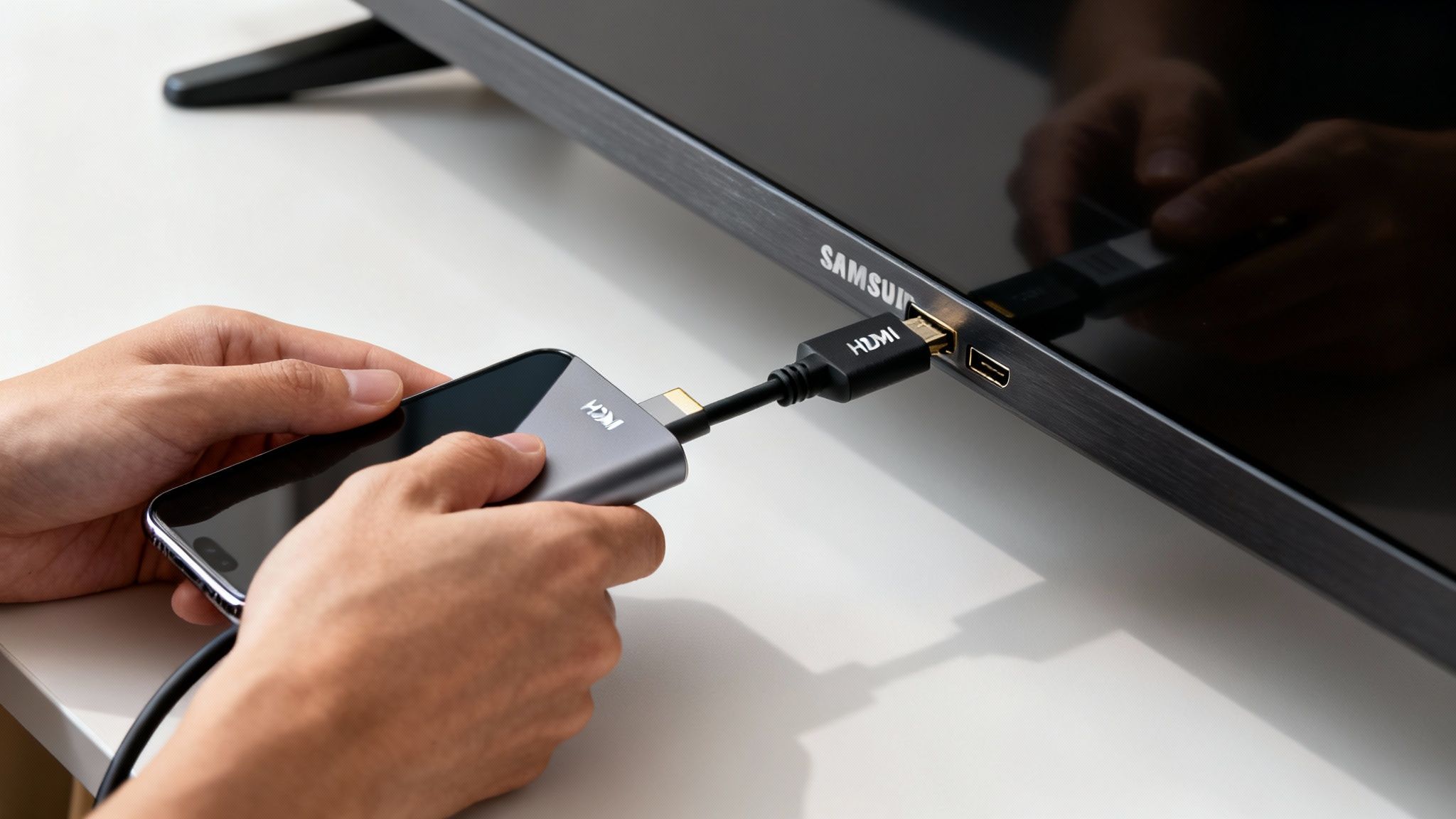 A person connects an iPhone to a Samsung TV using an HDMI adapter for screen mirroring.