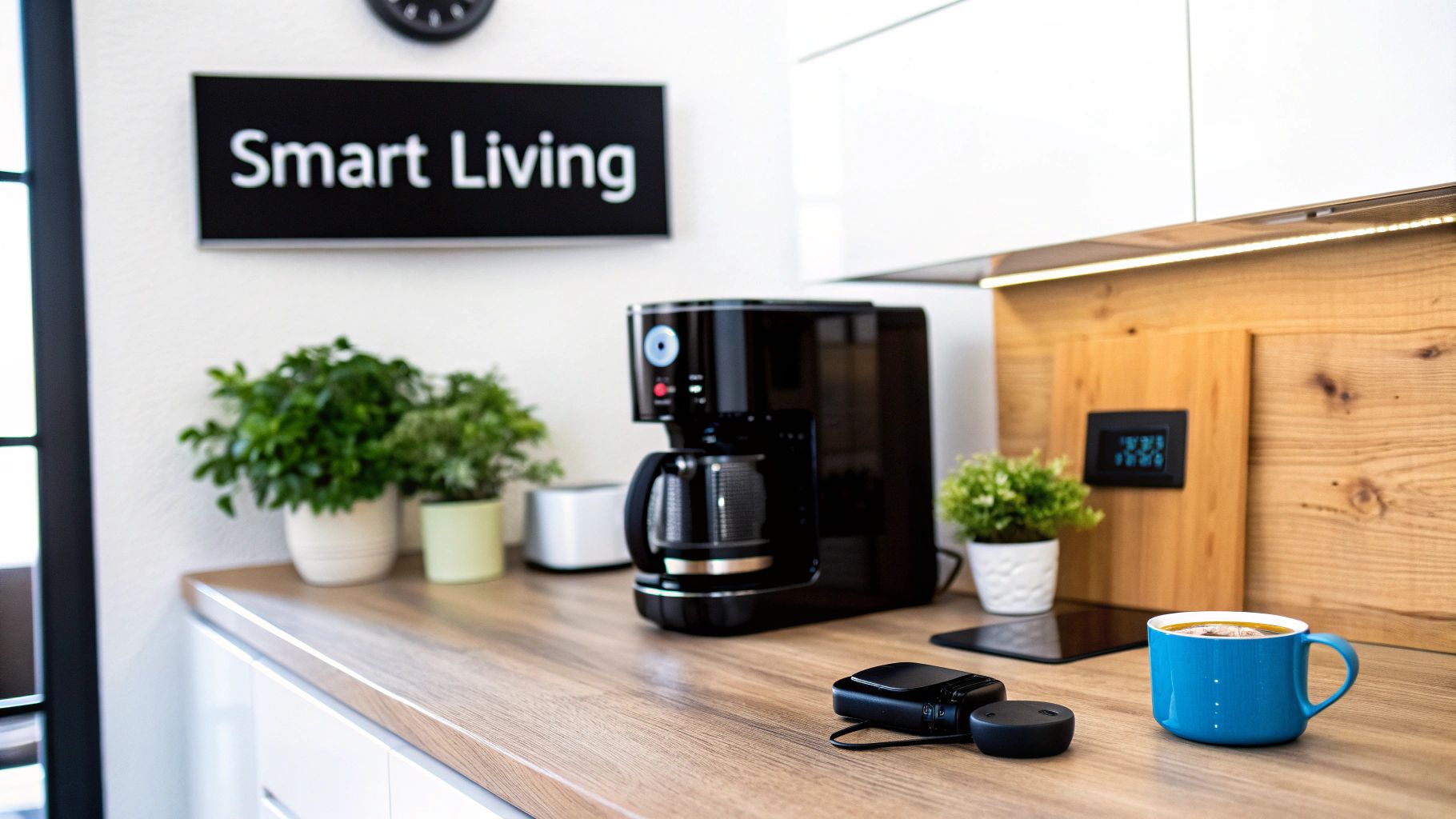 Modern kitchen counter with smart home devices, coffee maker, plants, and a "Smart Living" sign.