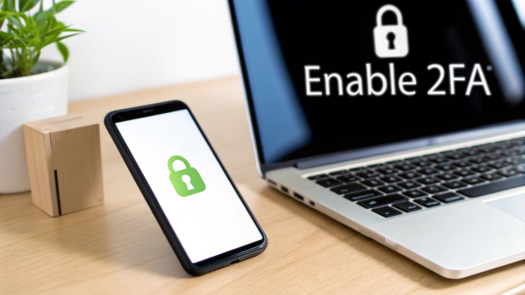 A laptop with 'Enable 2FA' and a lock icon next to a smartphone displaying a green lock, emphasizing two-factor authentication for digital security.