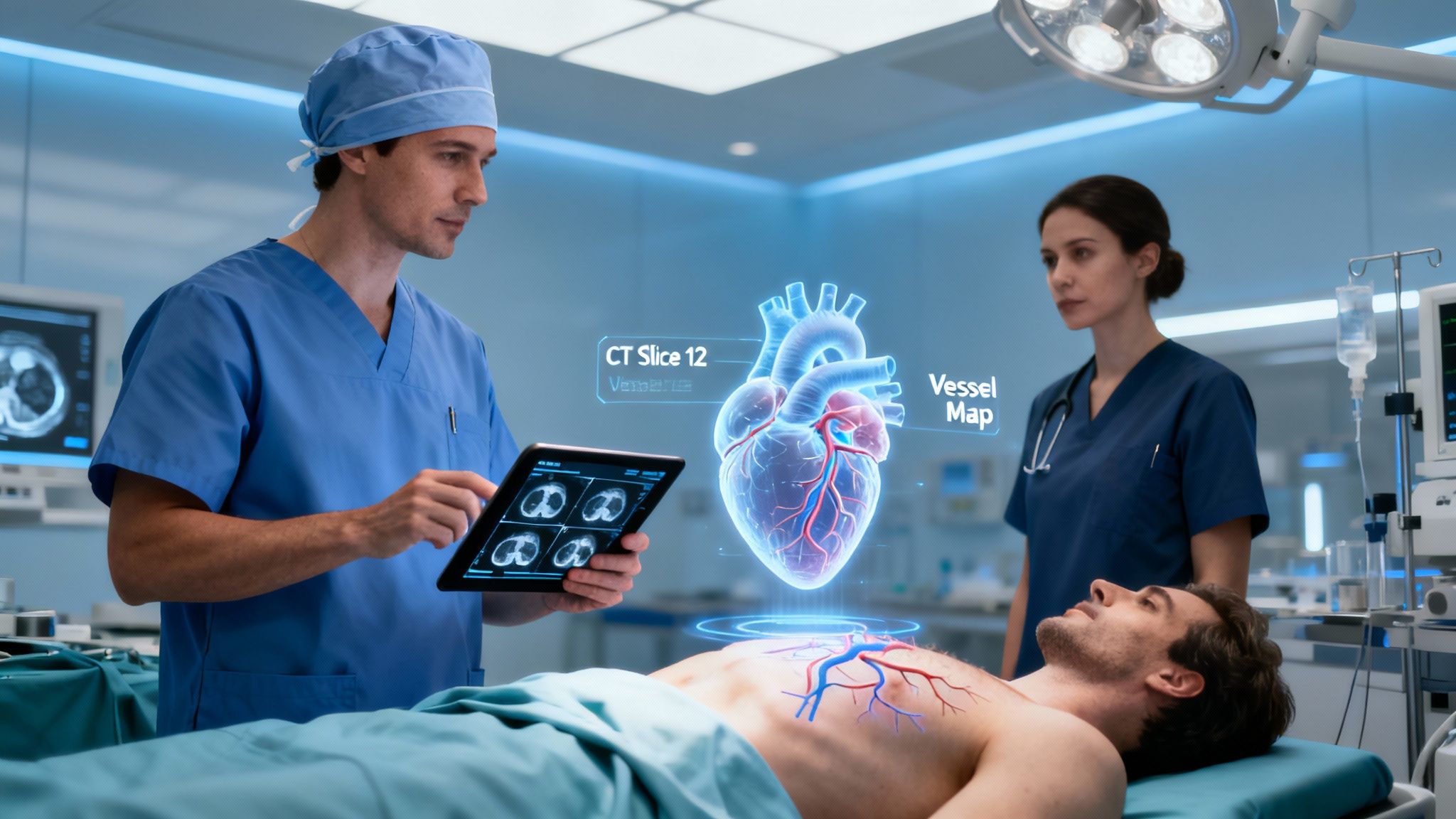 Medical professionals use augmented reality for heart surgery planning with a holographic display.