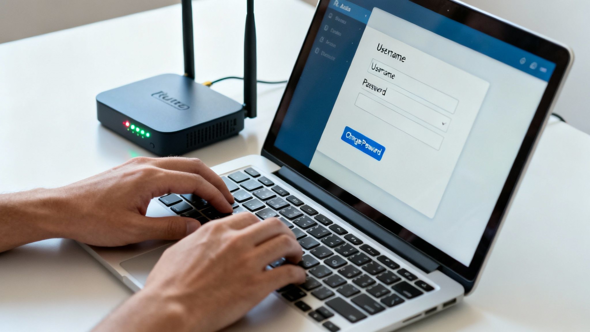 Hands typing on a laptop, configuring a home network router with a login screen displayed.