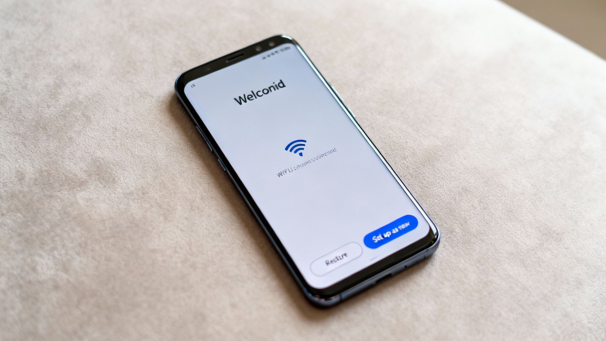 A smartphone displaying a setup screen with 'Welconid', Wi-Fi connected, and options to 'Restore' or 'Set up as new'.