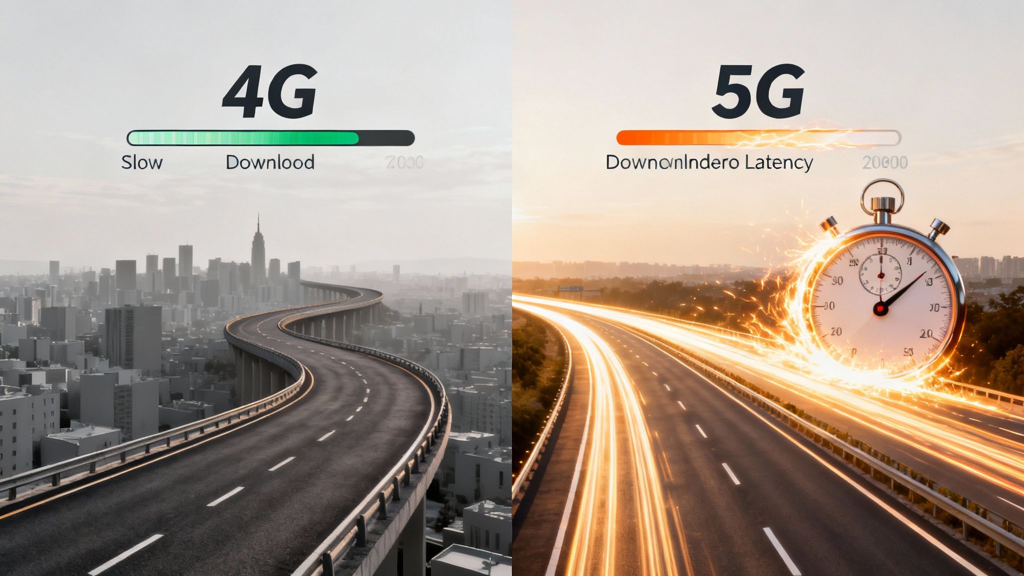 Dual image comparing 4G with a slow download progress bar over a city highway, and 5G with a fast latency bar, light trails, and a stopwatch.