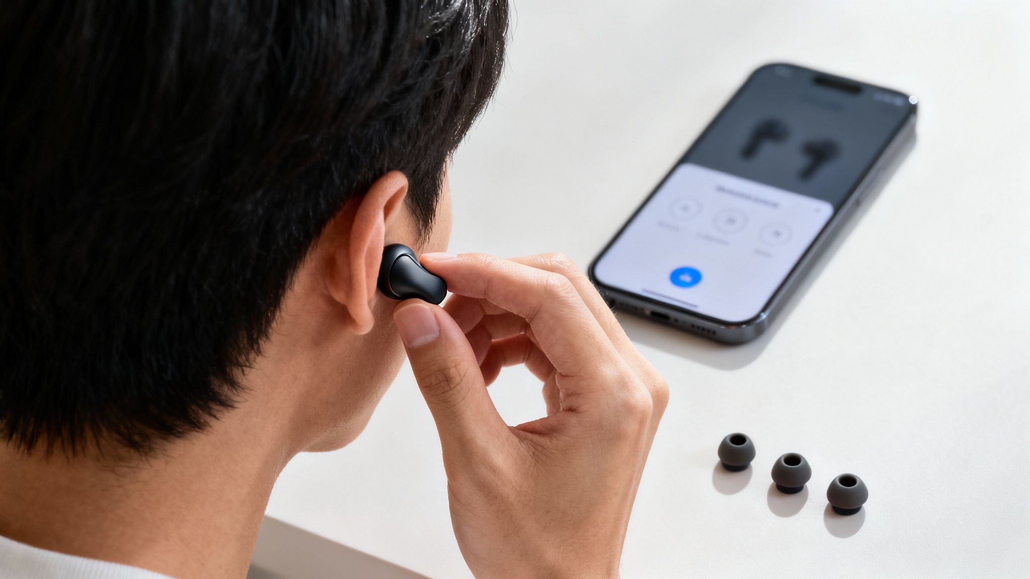 A person placing a black wireless earbud into their ear, with a phone and ear tips on a white table.
