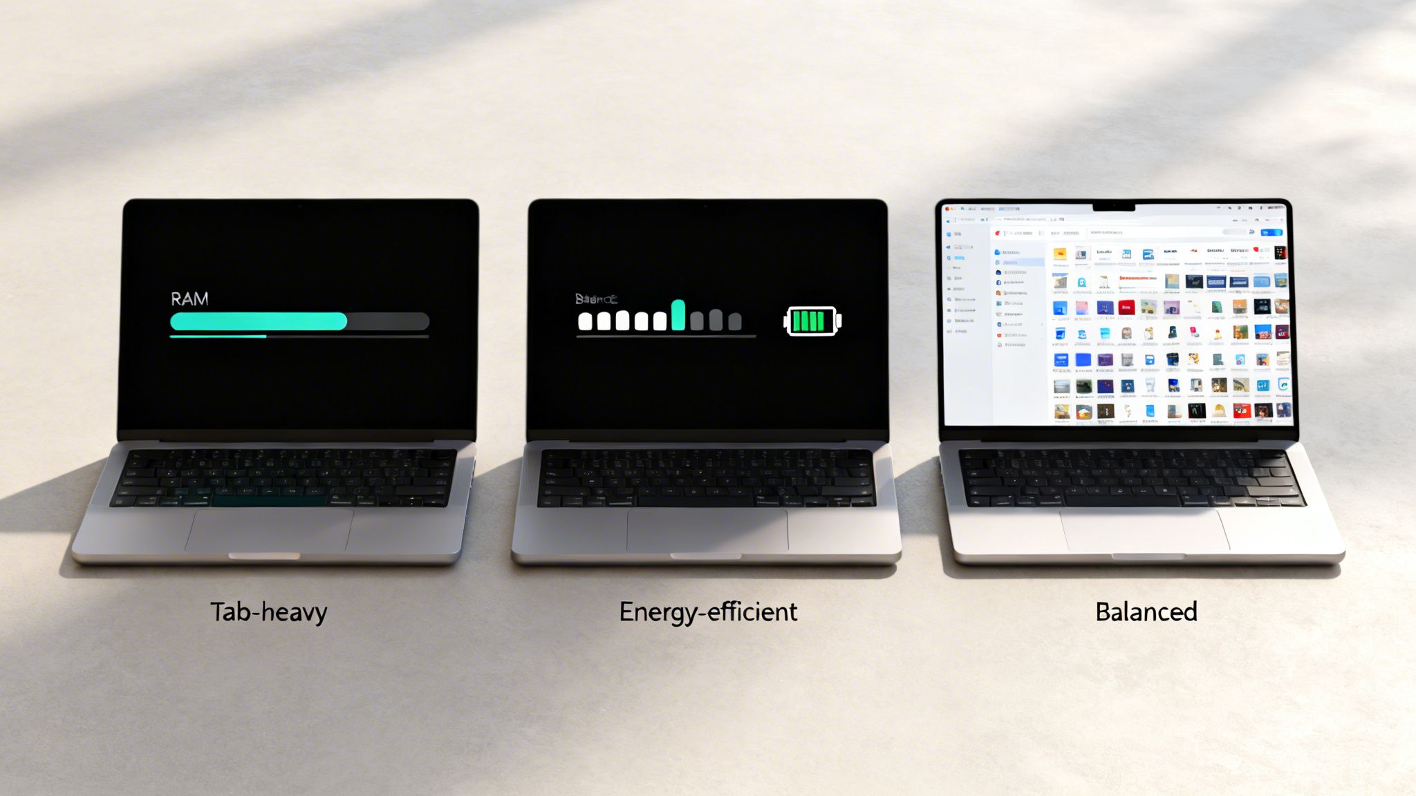 Three laptops side by side, illustrating tab-heavy RAM usage, energy-efficient mode, and a balanced browser.