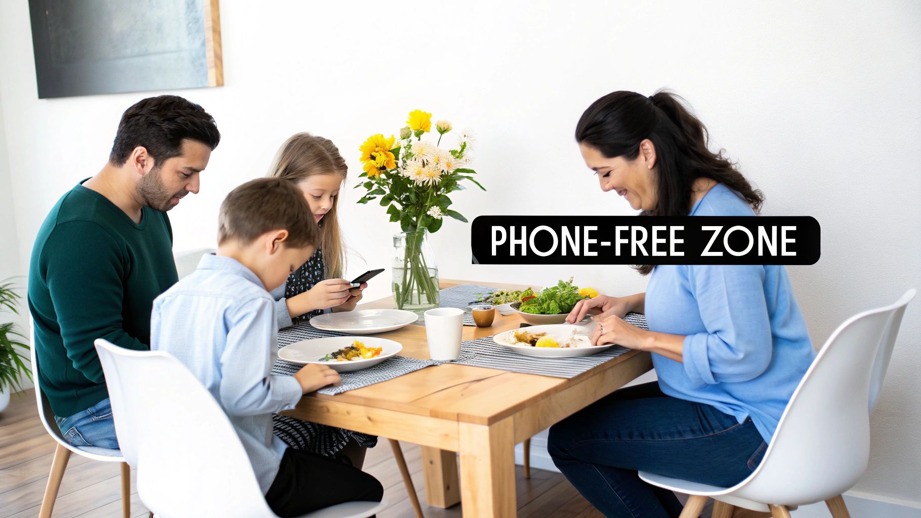 Family having a meal at a dining table, with daughter on her phone, contrasting a 'PHONE-FREE ZONE' sign.