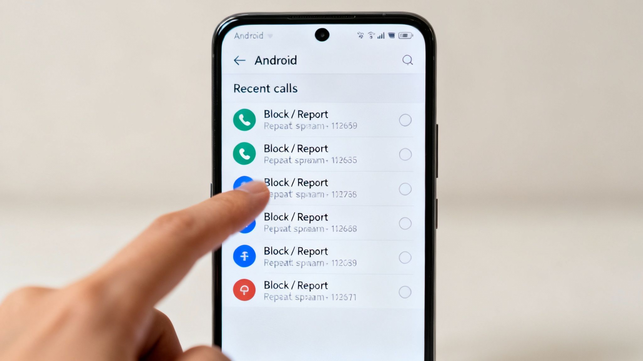 Hand tapping an Android phone screen to block or report recent spam calls.