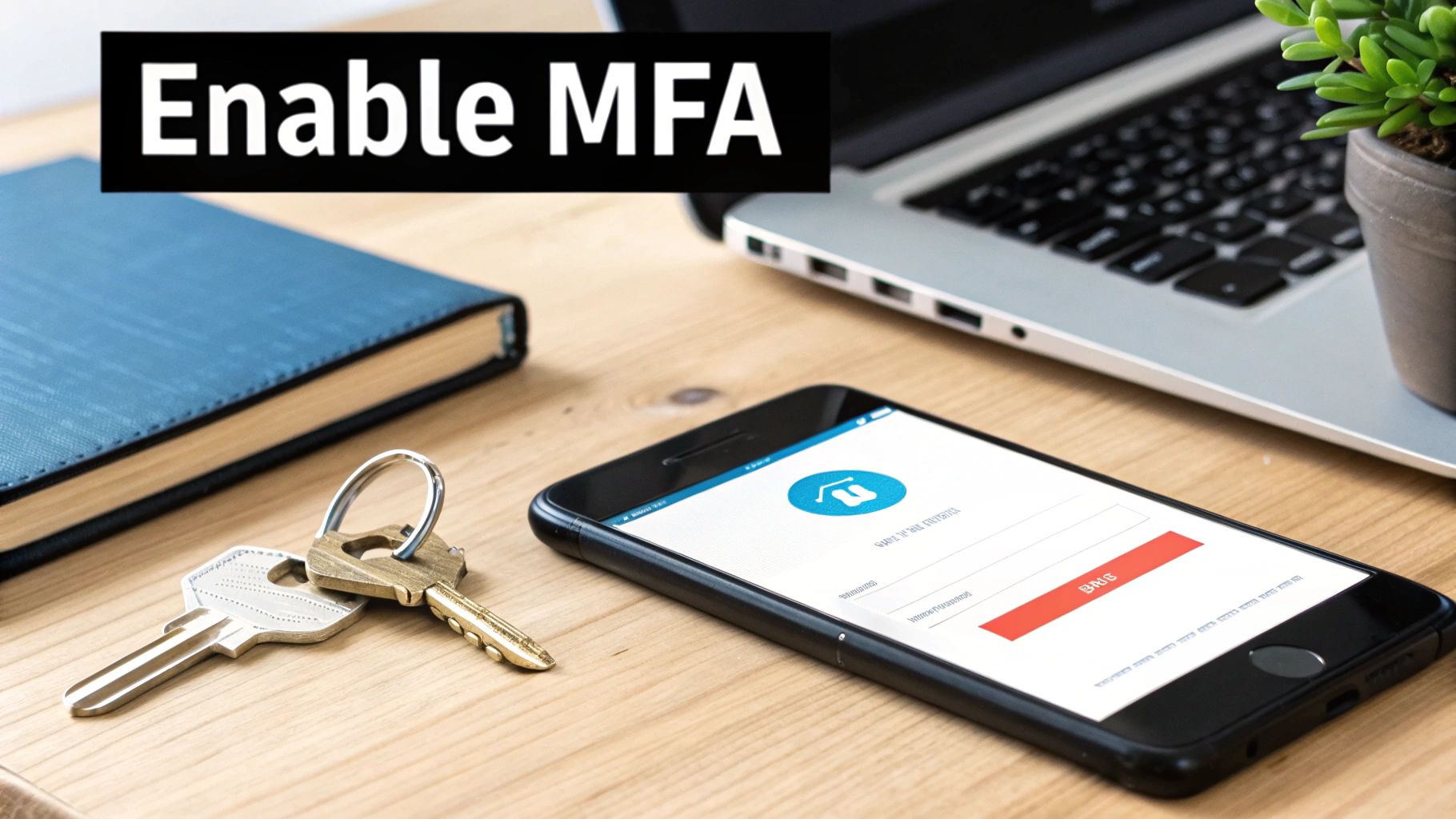 A desk setup showing a laptop, a smartphone with a login screen, keys, and a notebook, with text 'Enable MFA' prominently displayed.