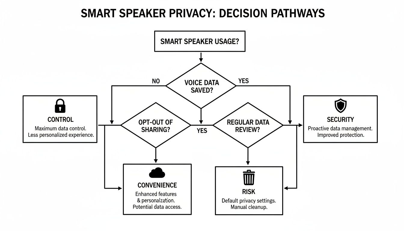 Flowchart illustrating smart speaker privacy decision pathways, guiding users through data management options and outcomes.