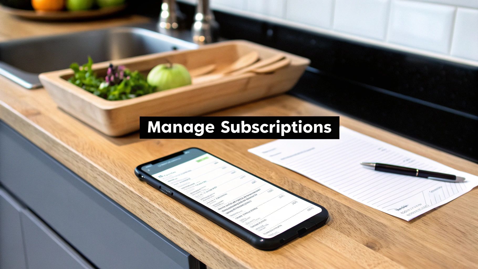 A smartphone on a kitchen counter displaying a list of subscriptions, with a pen and paper nearby. The text 'Manage Subscriptions' is overlaid.