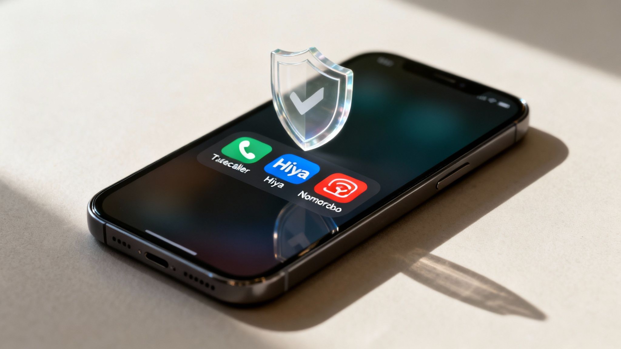 A smartphone displaying popular spam call blocking apps Truecaller, Hiya, and Nomorobo, with a protective shield icon.