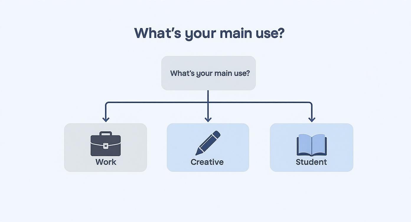 A flowchart asking 'What's your main use?' showing options for Work, Creative, and Student roles.