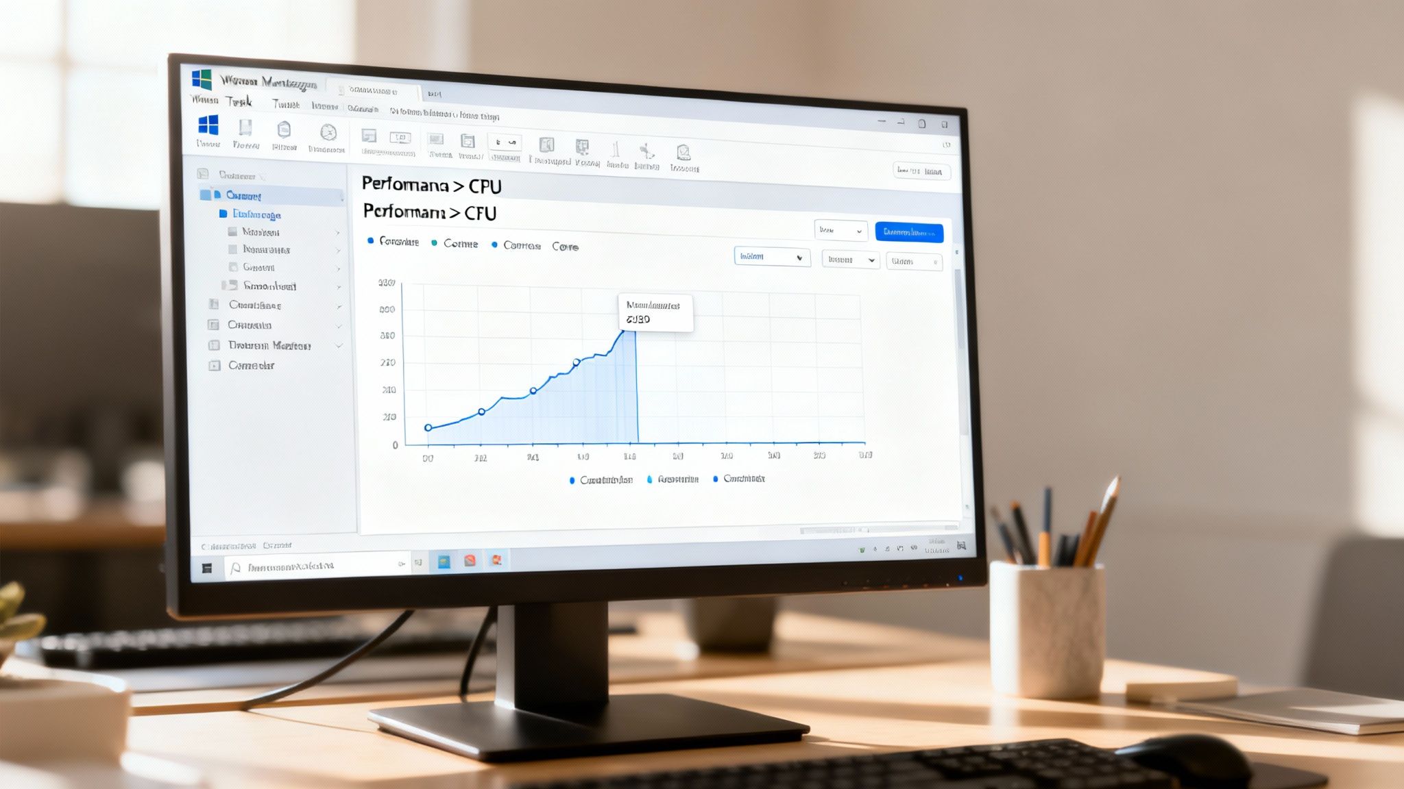 A computer monitor displaying a CPU performance graph with a blue line, on a modern office desk.