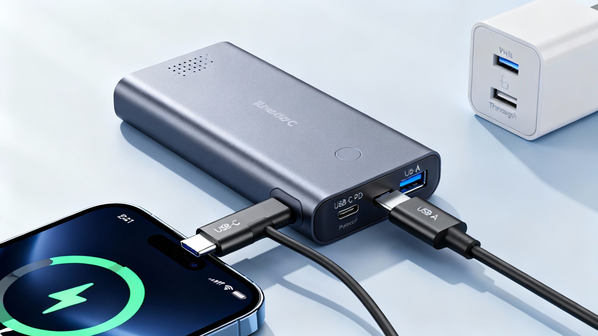 A power bank charges an iPhone with USB-C, alongside a wall charger providing power via USB-A.