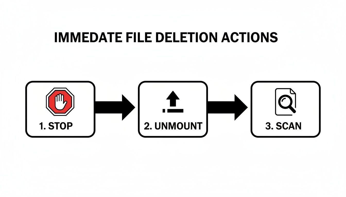A flowchart showing immediate file deletion actions: 1. Stop, 2. Unmount, 3. Scan.