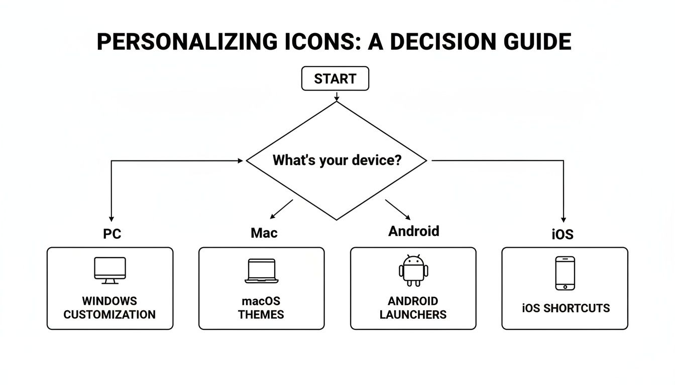 A flowchart titled 'Personalizing Icons: A Decision Guide' showing how to customize icons based on device type.