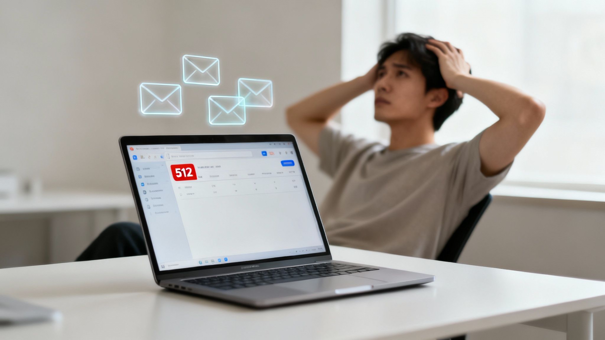 A stressed person holds their head, overwhelmed by a laptop screen displaying 512 unread emails.