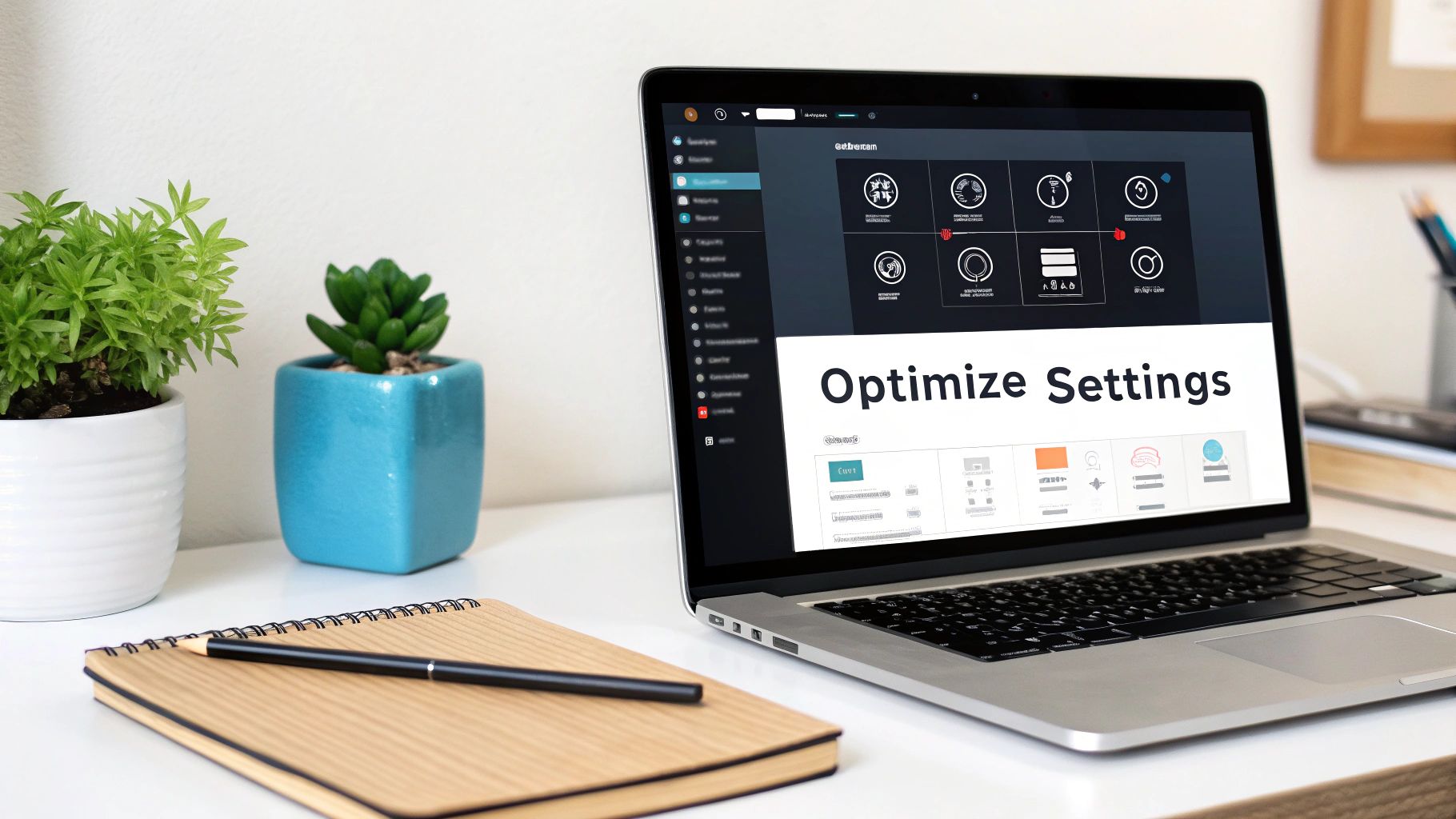 A laptop displaying 'Optimize Settings' software on a white desk with potted plants and a notebook.