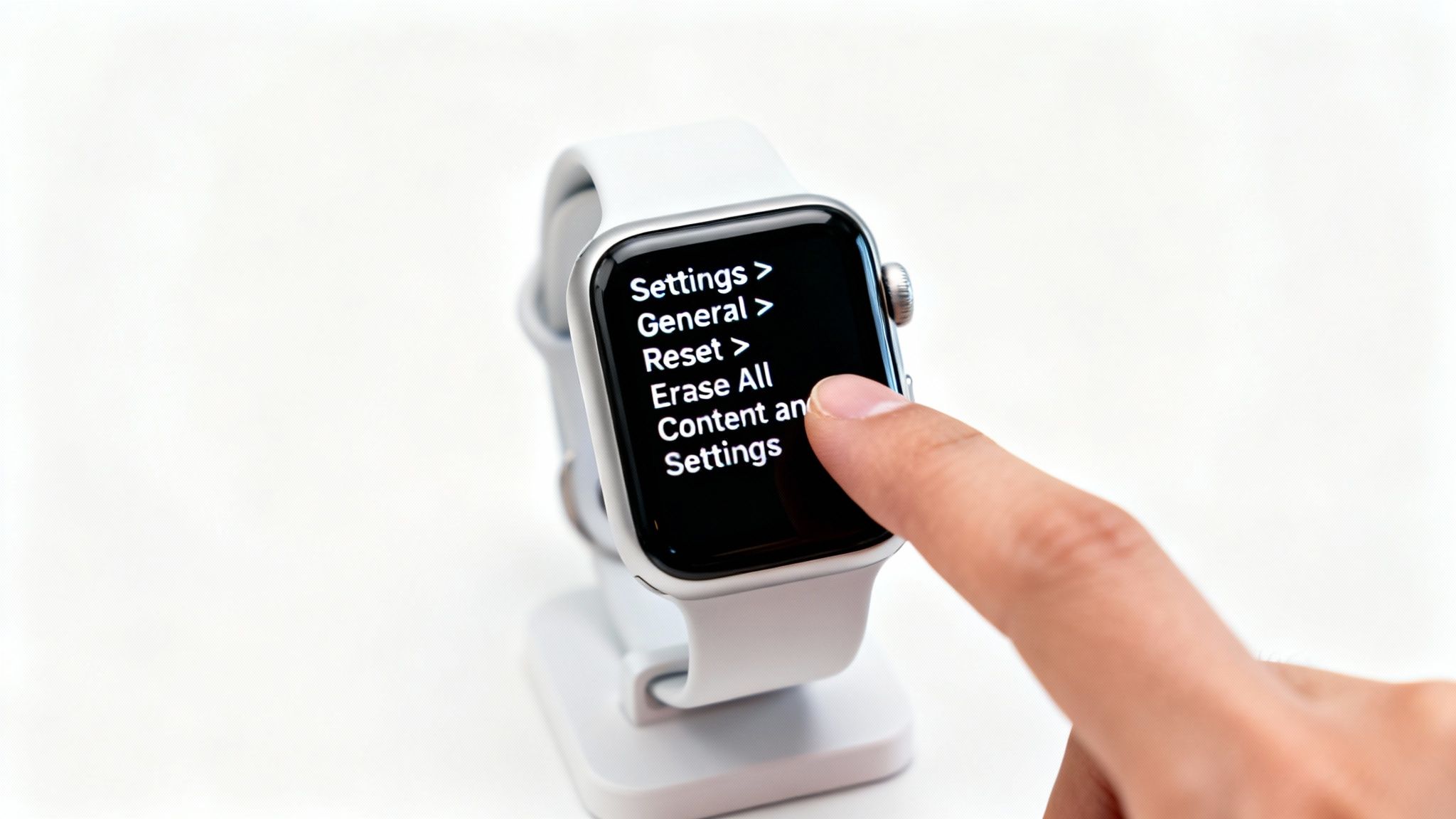 A finger selecting 'Erase All Content and Settings' on an Apple Watch screen.