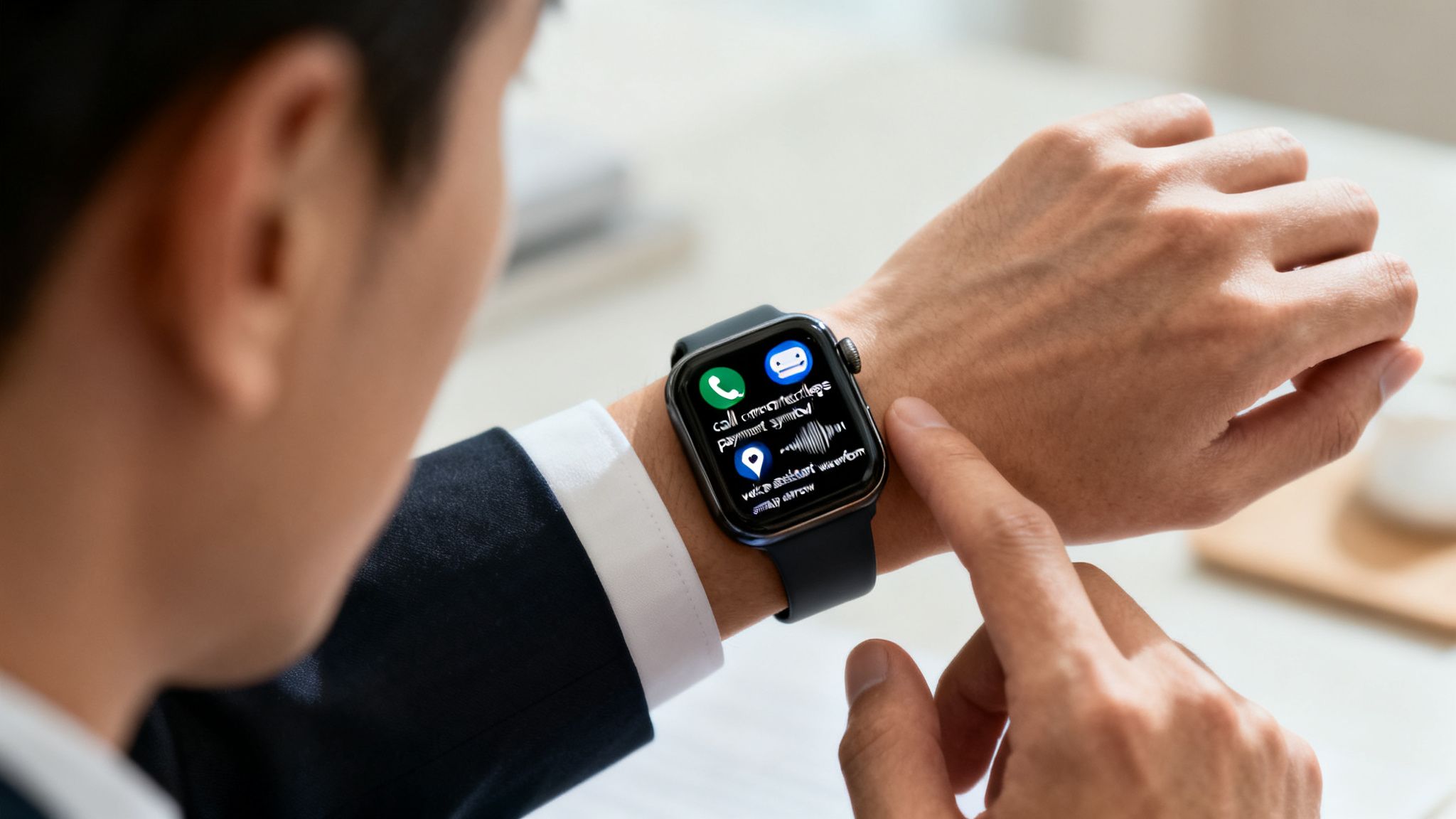 A man in a suit interacting with a modern smartwatch on his wrist.