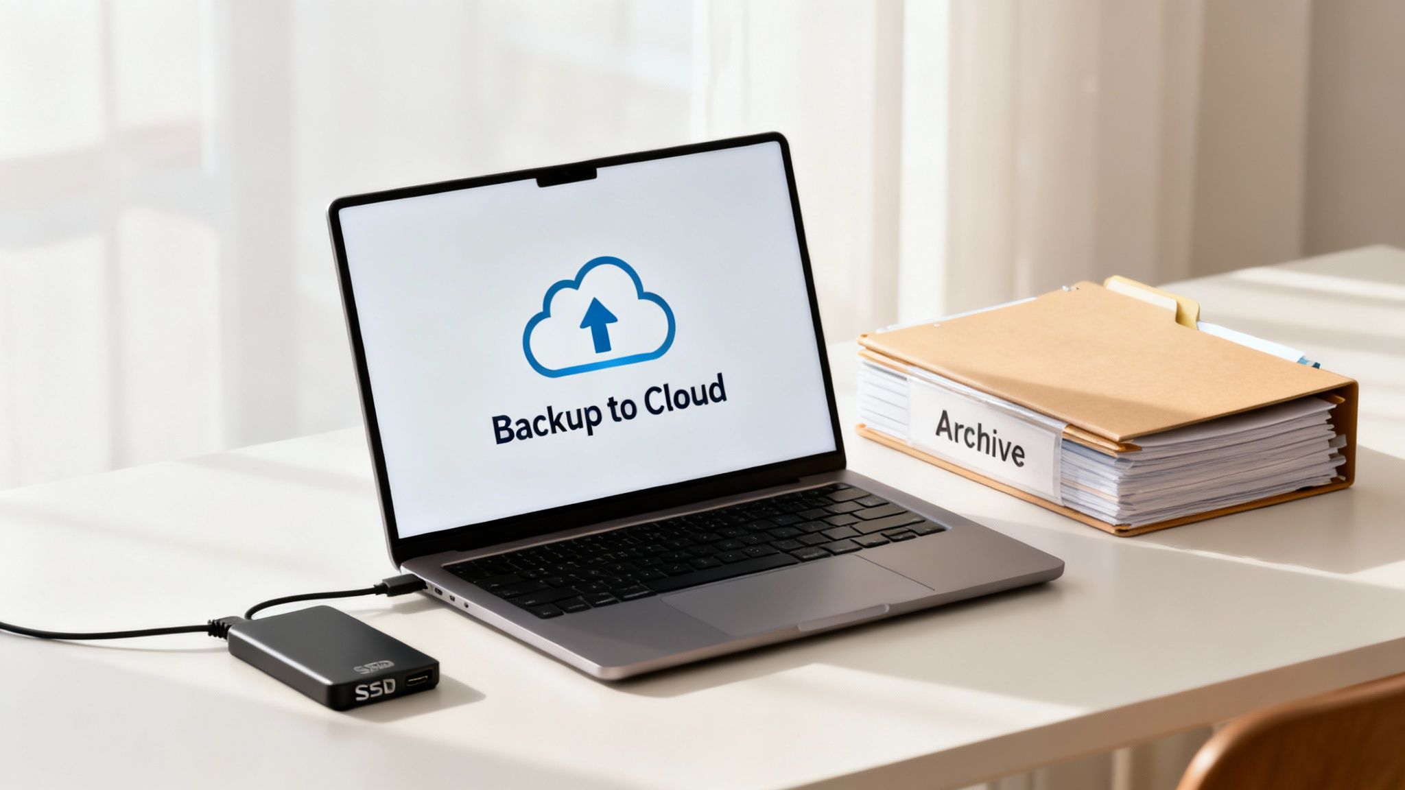 Laptop screen shows 'Backup to Cloud', connected to an external SSD, next to archive folders.
