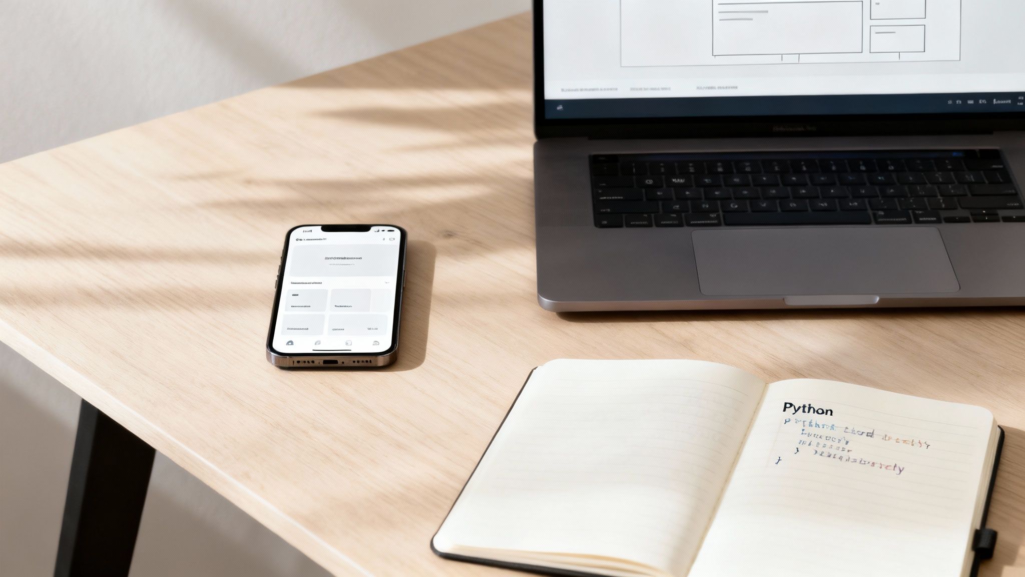 Close-up of a wooden desk with a laptop, smartphone, and an open notebook displaying Python code.