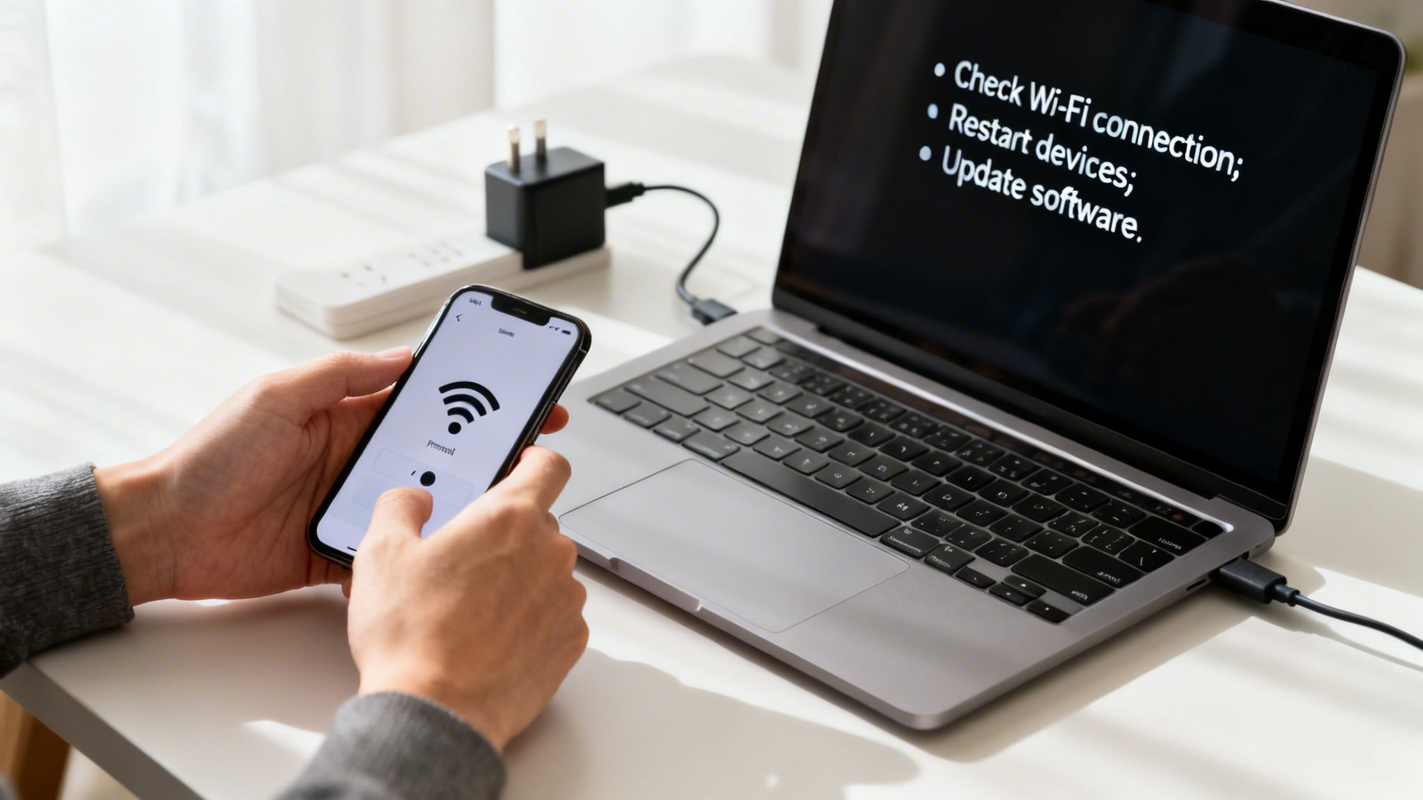 Person's hands holding a smartphone displaying a Wi-Fi symbol next to a laptop showing connection tips.