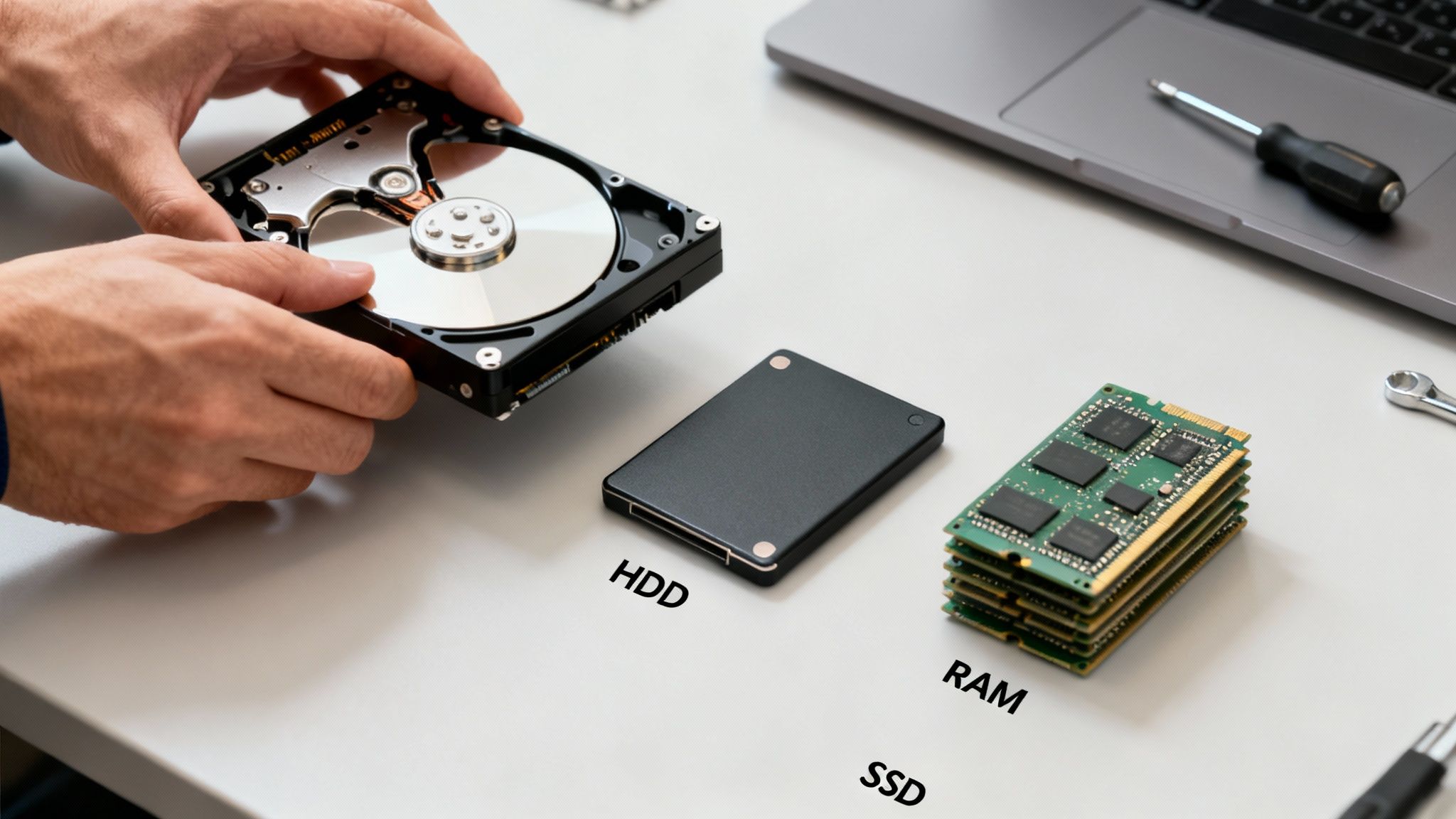 A person holds an open HDD, with an SSD and stacked RAM modules on a white table, illustrating computer hardware.