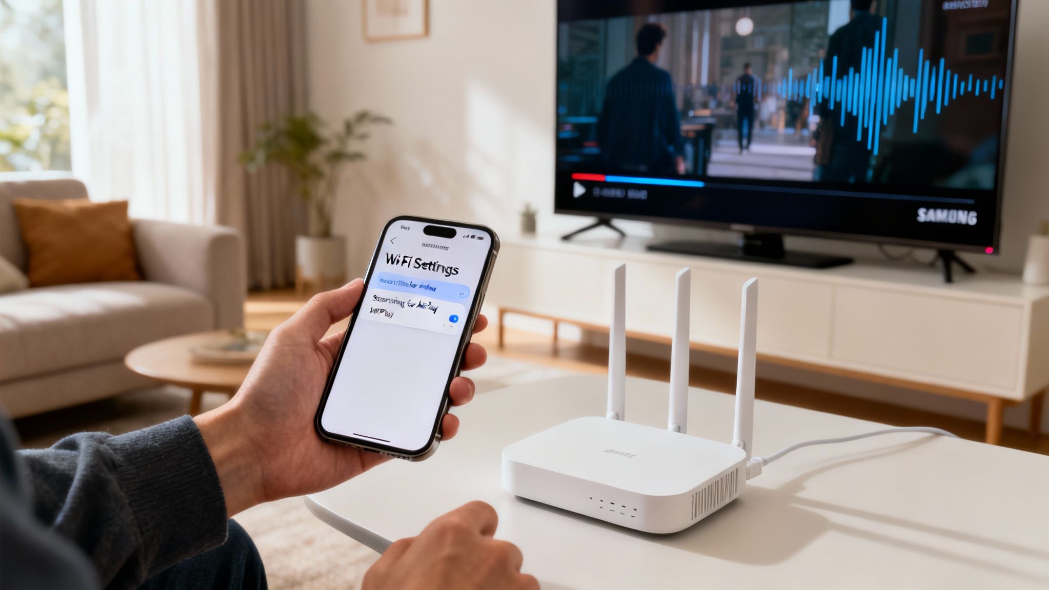 Person holding a smartphone with Wi-Fi settings, mirroring to a Samsung TV with a white router.
