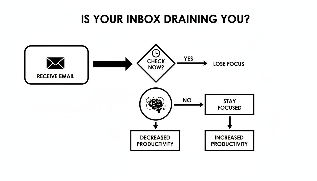 Flowchart illustrating how checking emails immediately leads to lost focus and lower productivity, while delaying improves it.