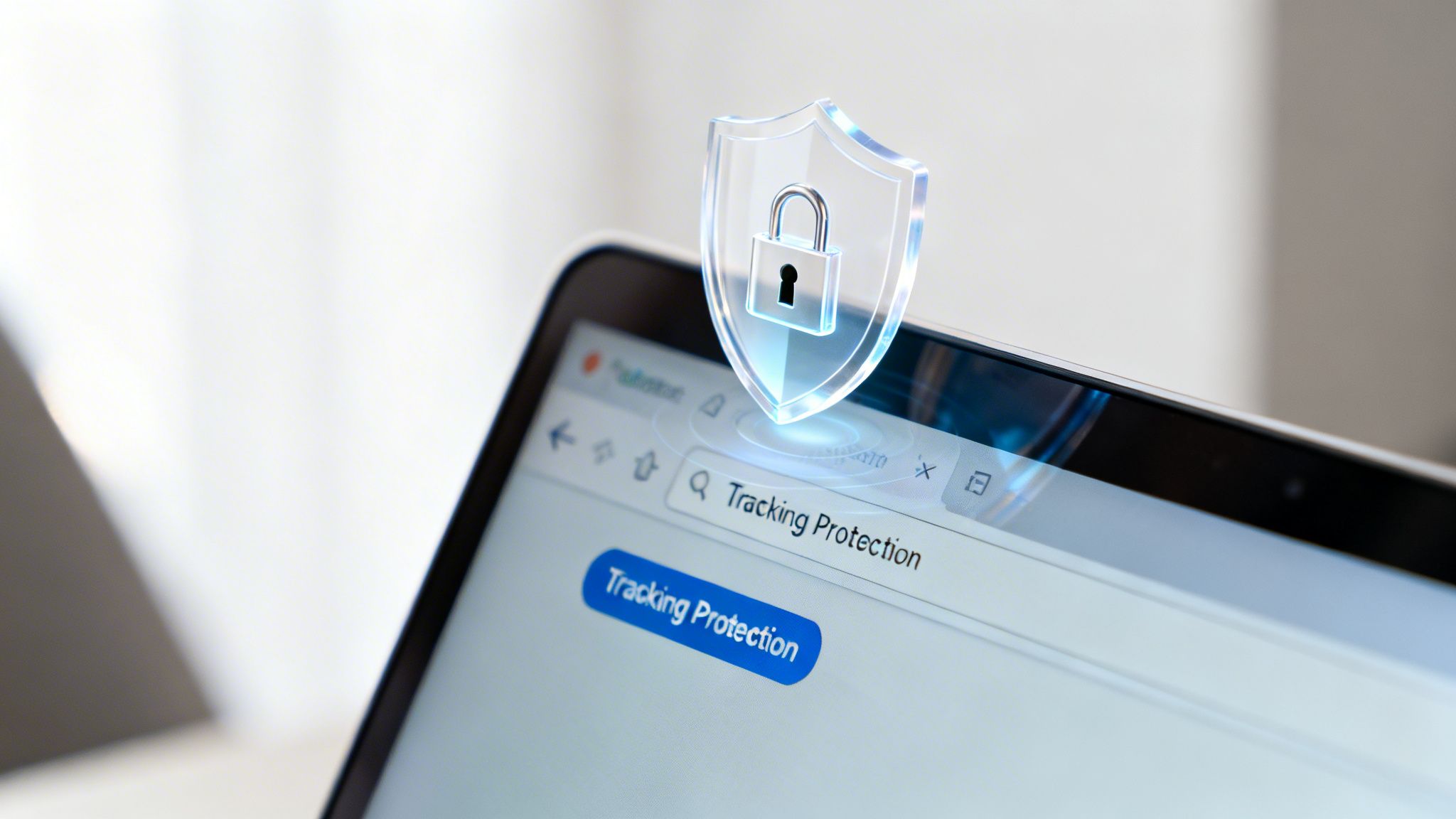 Close-up of a laptop displaying a web browser with 'Tracking Protection' and a cybersecurity shield icon.