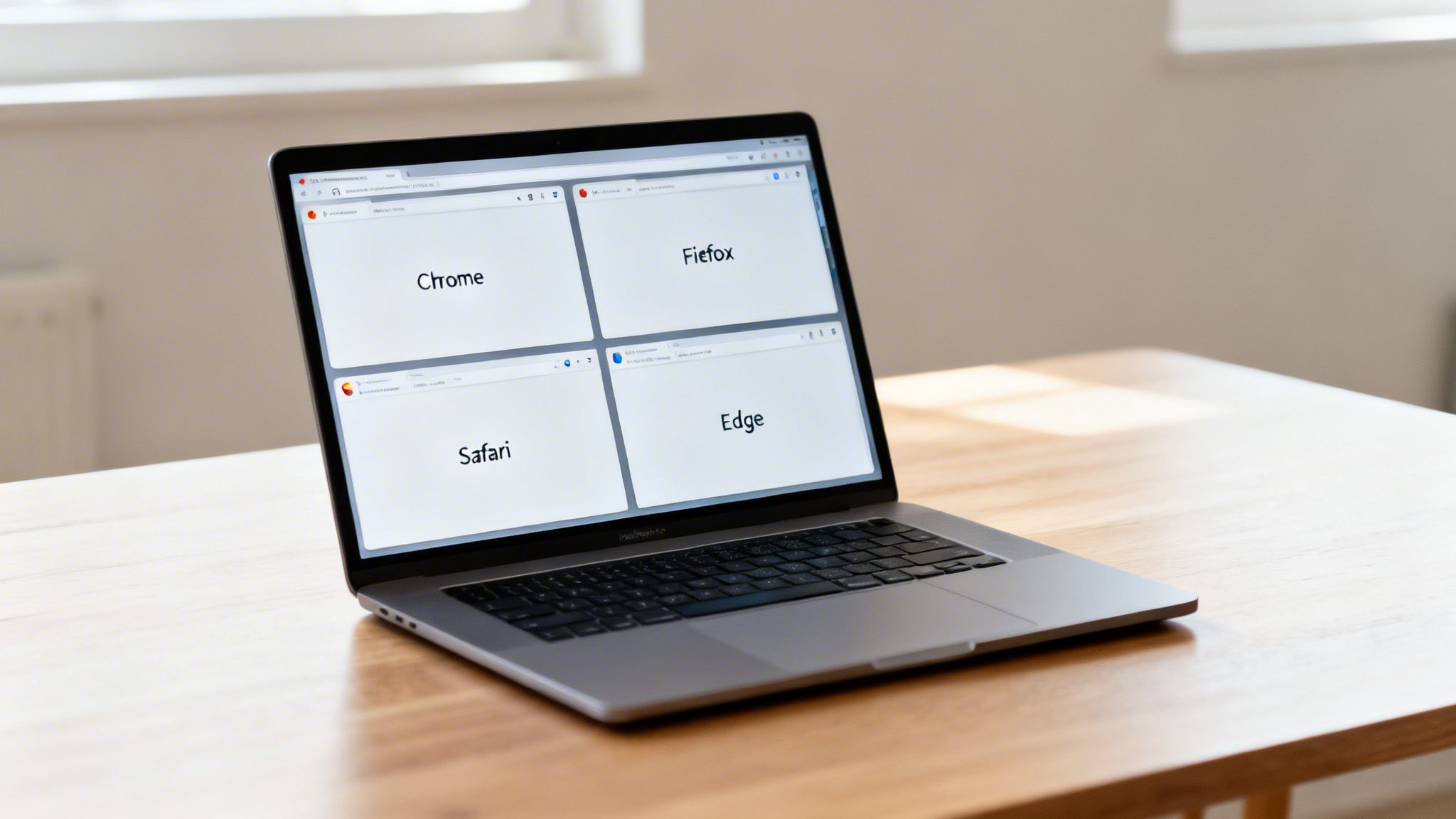 A laptop screen displays four open web browsers: Chrome, Firefox, Safari, and Edge for comparison.