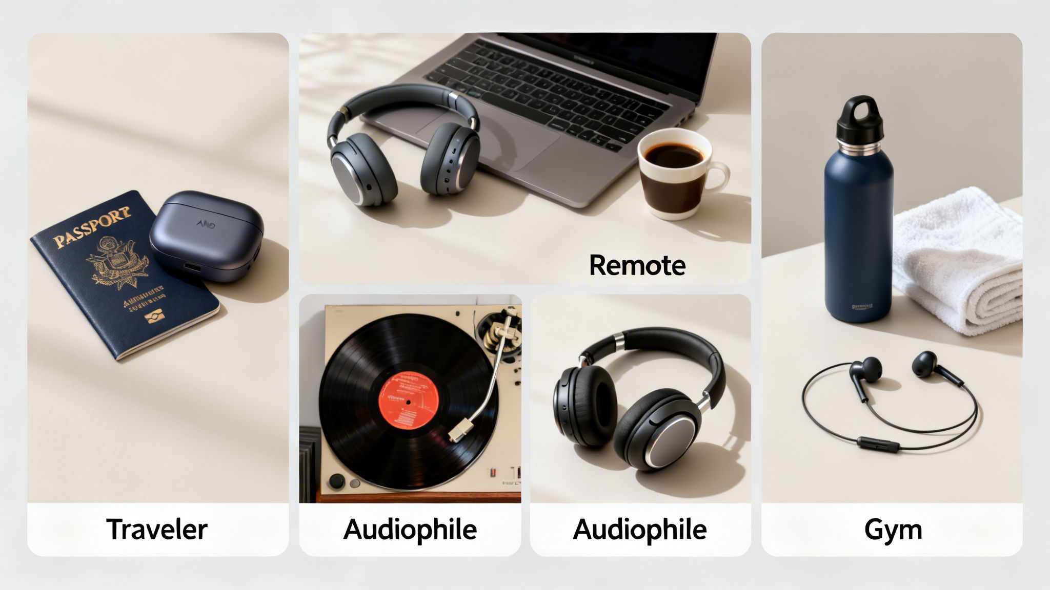 Various noise-cancelling headphones and earbuds for travel, remote work, gym, and audiophile experiences.