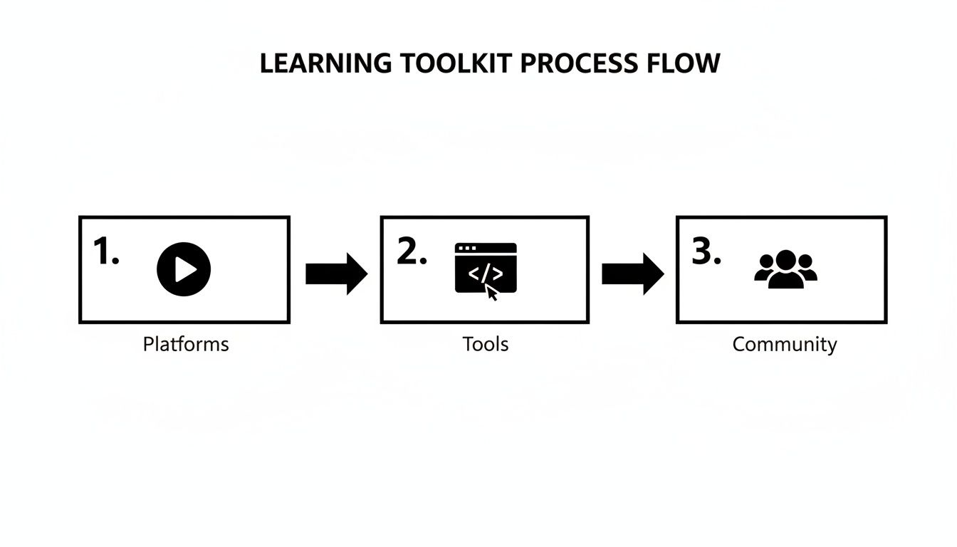Learning toolkit process flow diagram illustrating platforms, tools, and community steps.