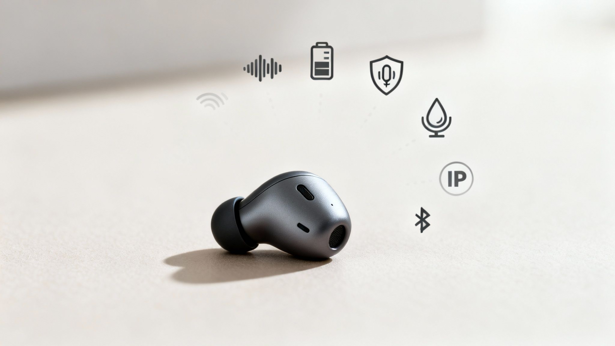 A grey wireless earbud with icons for audio, battery life, microphone, water resistance, IP rating, and Bluetooth.