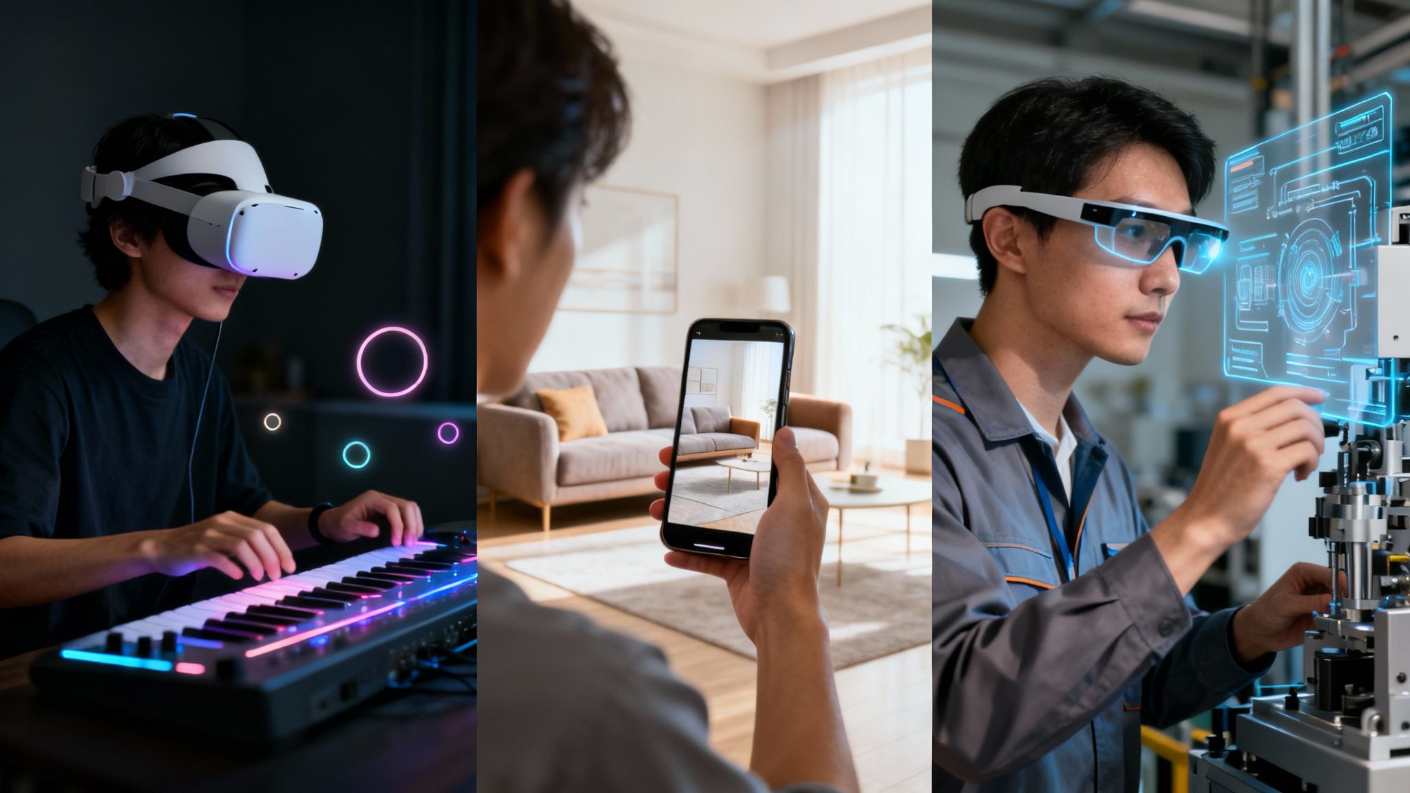 Three scenarios showcasing virtual reality gaming, augmented reality for interior design, and AR in a technical environment.