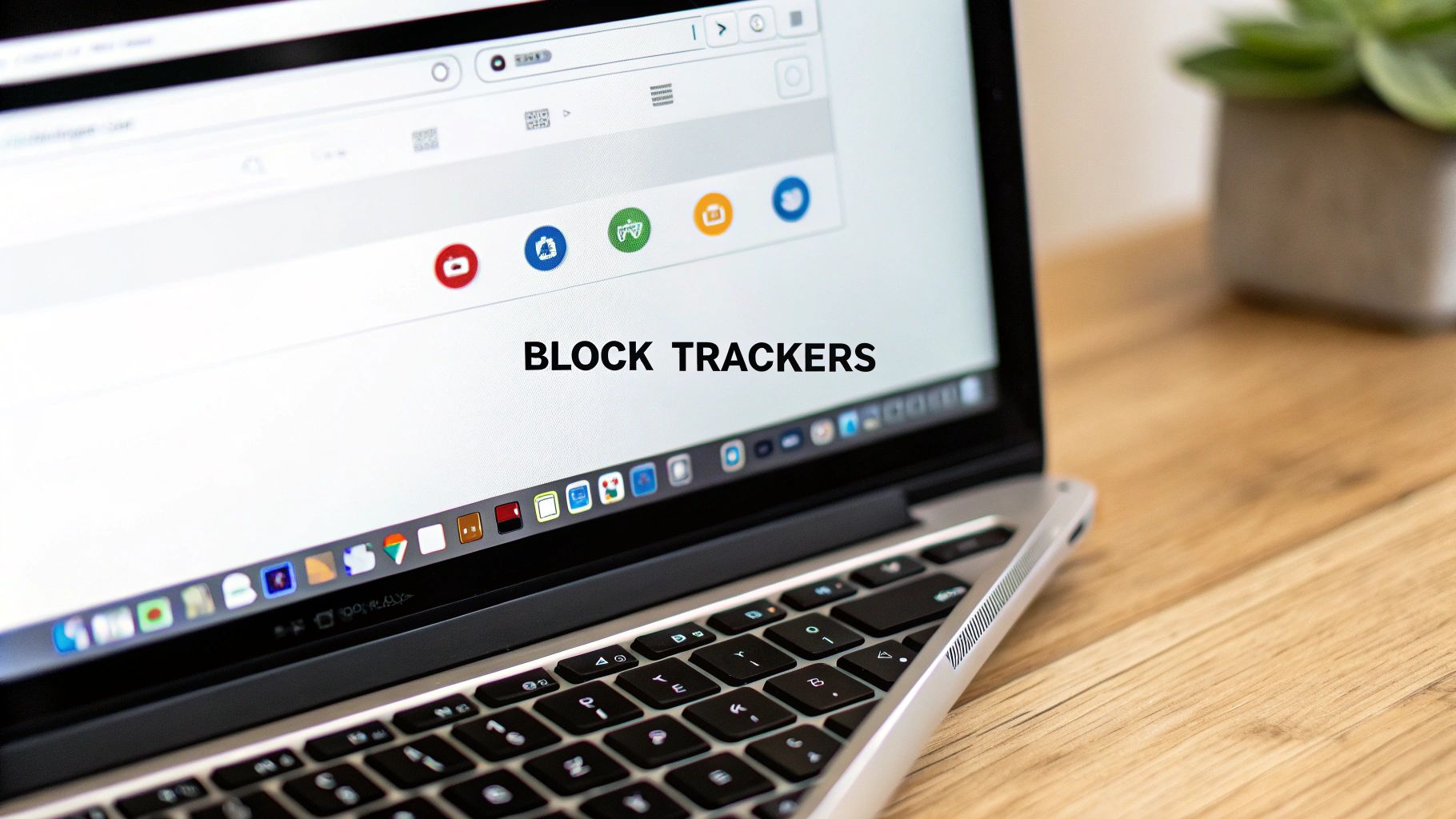 Close-up of a laptop screen displaying 'BLOCK TRACKERS' text, with a web browser and app icons.