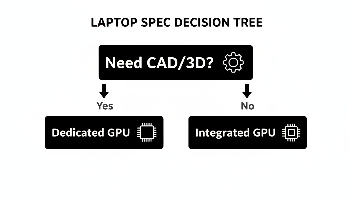 A laptop spec decision tree showing that if you need CAD/3D, choose a dedicated GPU; otherwise, choose an integrated GPU.