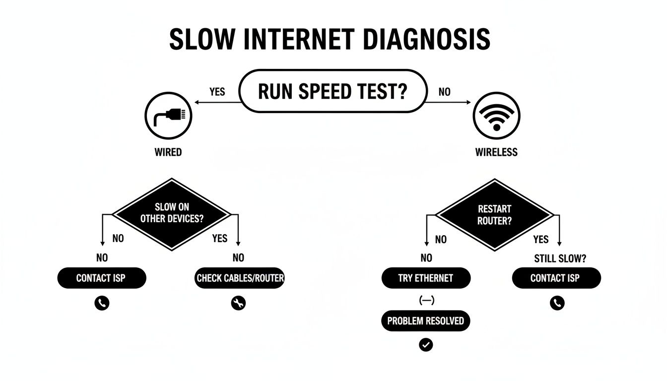 A black and white flowchart for diagnosing and troubleshooting a slow internet connection, covering wired and wireless issues.