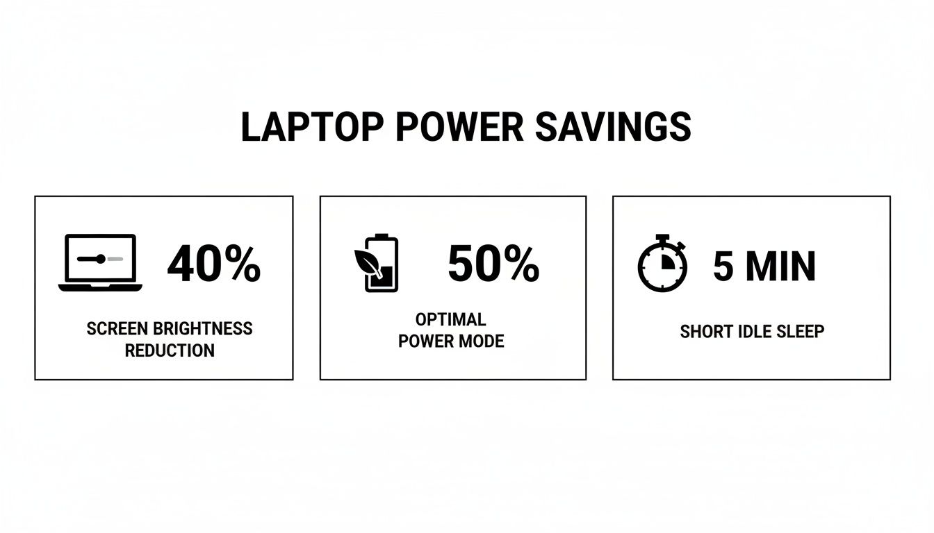 Infographic showing three tips for laptop power savings: screen brightness reduction, optimal power mode, and short idle sleep.