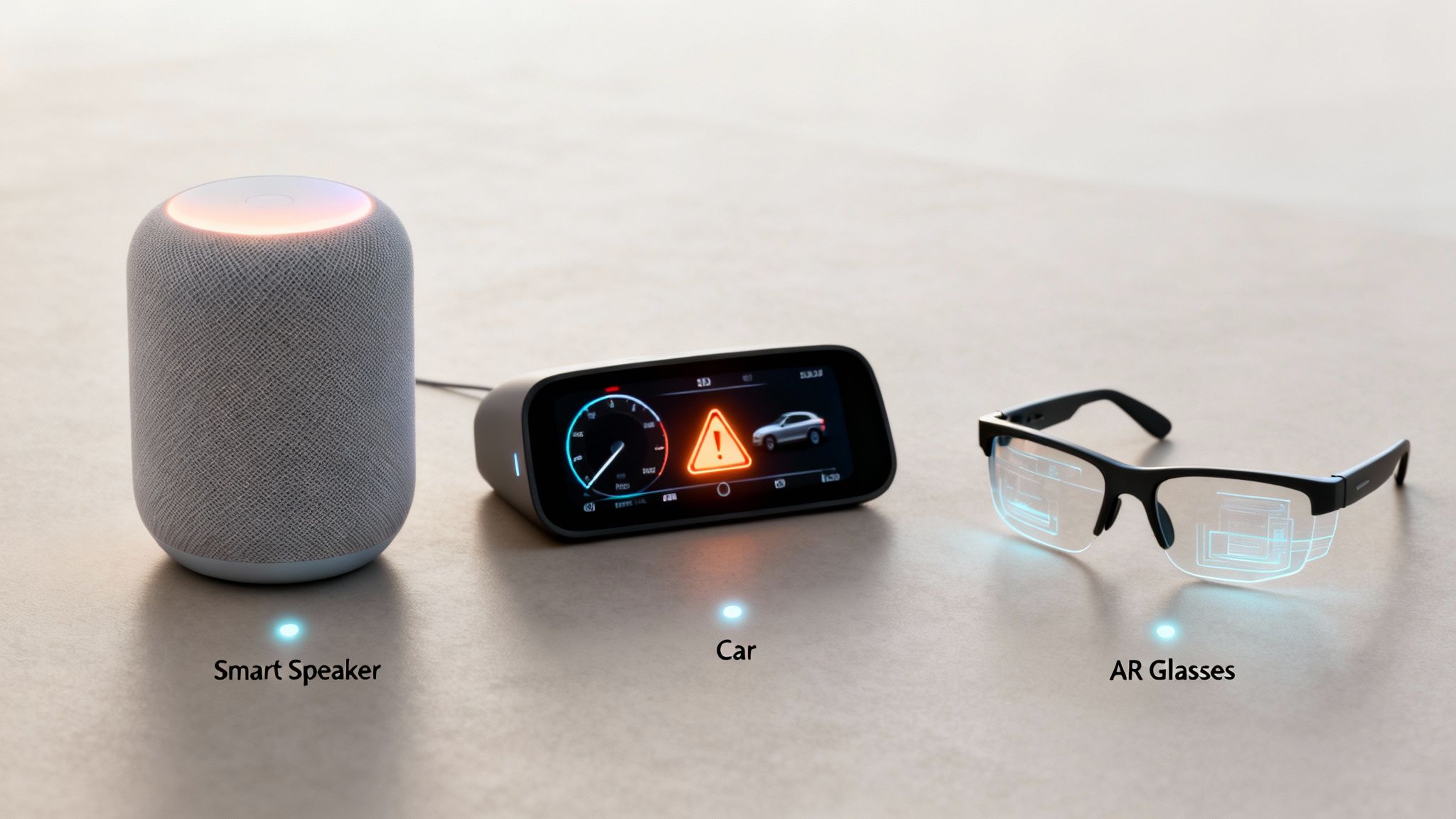 Smart speaker, car display, and AR glasses demonstrate edge computing technology for connected devices.