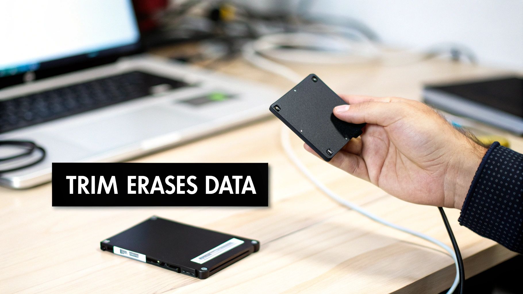 A hand holds a black SSD with another SSD and a laptop on a wooden desk.