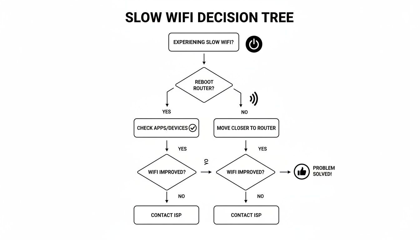 A decision tree flowchart illustrating steps to troubleshoot slow Wi-Fi, including rebooting the router and checking devices.