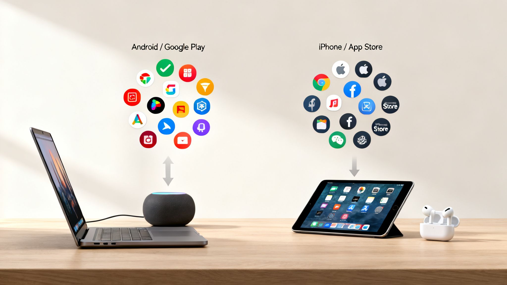 Side-by-side comparison of Android/Google Play and iPhone/App Store app ecosystems with associated devices.