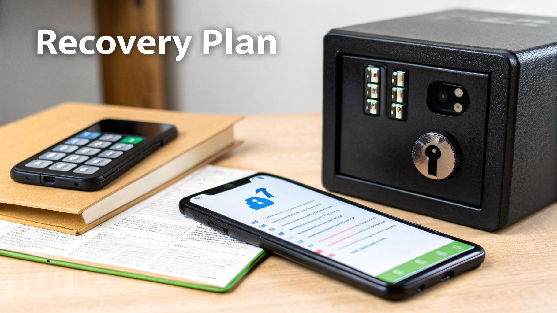 A black safe, two smartphones, and documents on a wooden table, illustrating a recovery plan.