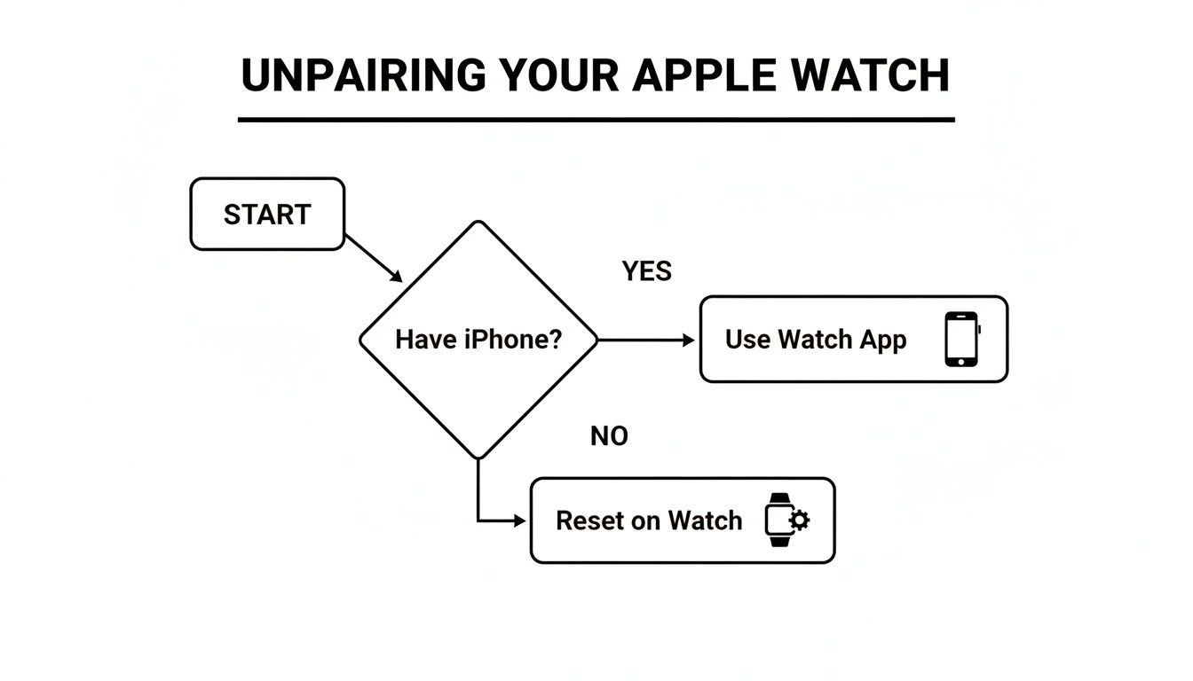 Flowchart showing how to unpair an Apple Watch, either using the Watch App on iPhone or by resetting on the watch itself.