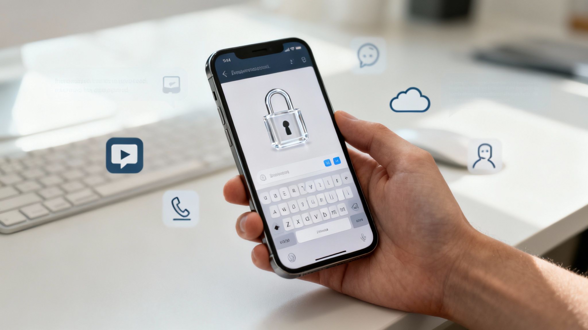 A hand holding a smartphone displaying a lock icon on its screen, surrounded by floating digital communication icons.