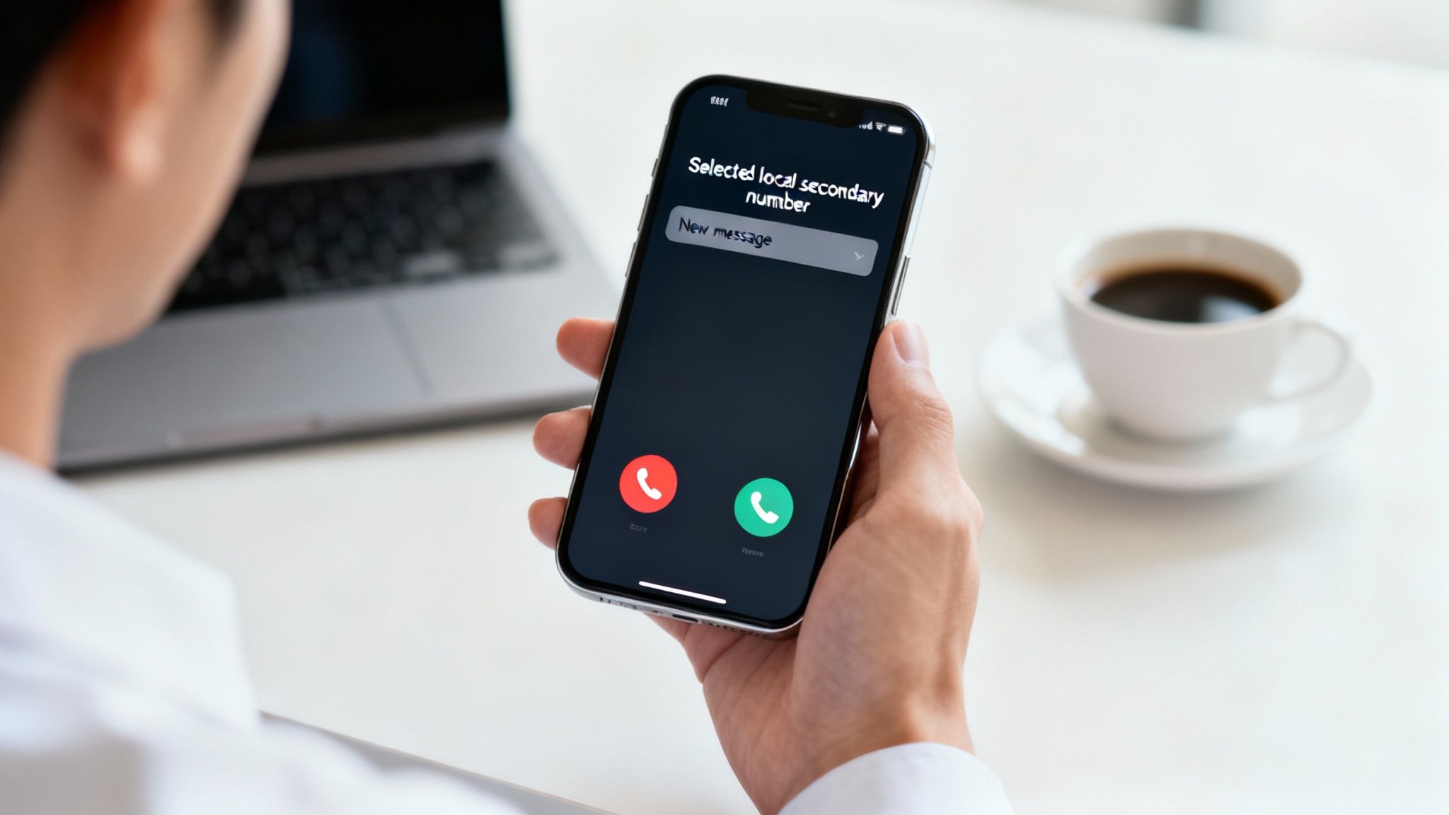 A person holds a smartphone displaying a call screen for a secondary number, with a laptop and coffee in the background.